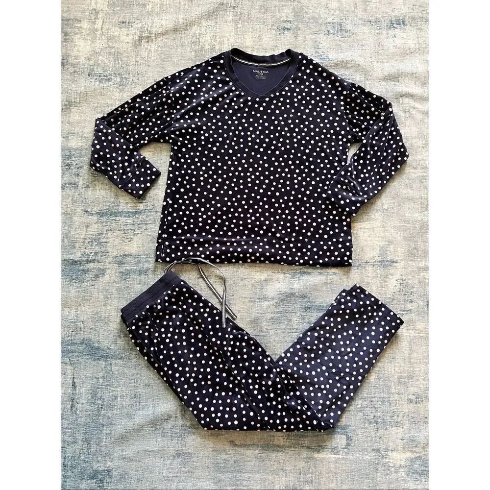 Nautica Navy Blue Polka Dot Plush Velour Pajama Set Women's Small